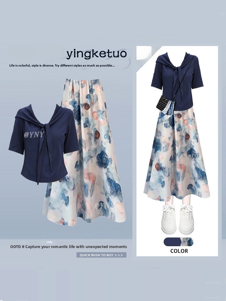 Midi Skirt Floral - Elegant Simple Commute Short Sleeve Floral