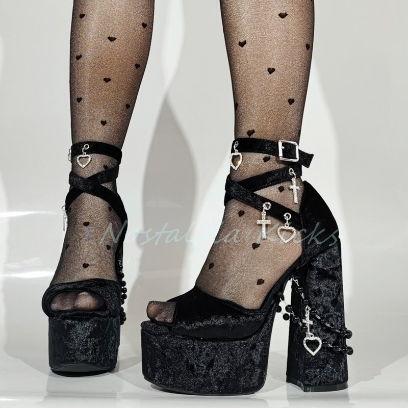 Gothic Black Velvet Platform H - Sandal Strappy Heeled 评论和价格