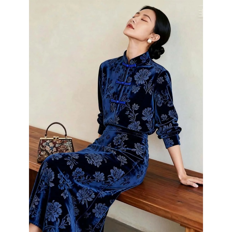 Women New Chinese Style Velvet - Midi Skirt Floral 评论和价格