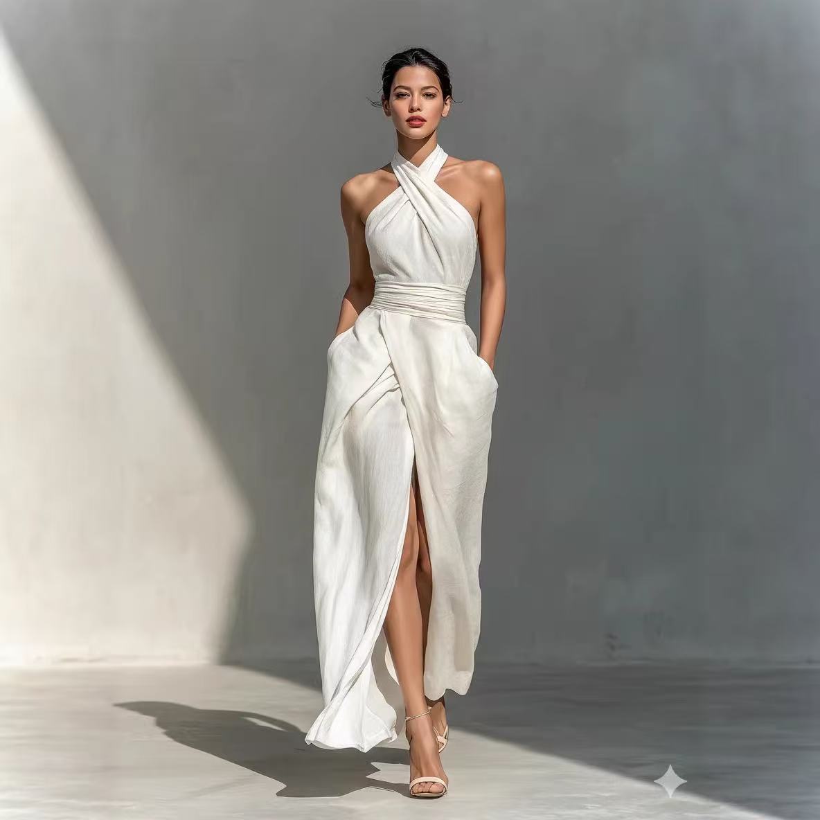 Chic Solid Front Split Boho Lo - Maxi Dress Halter 评论和价格
