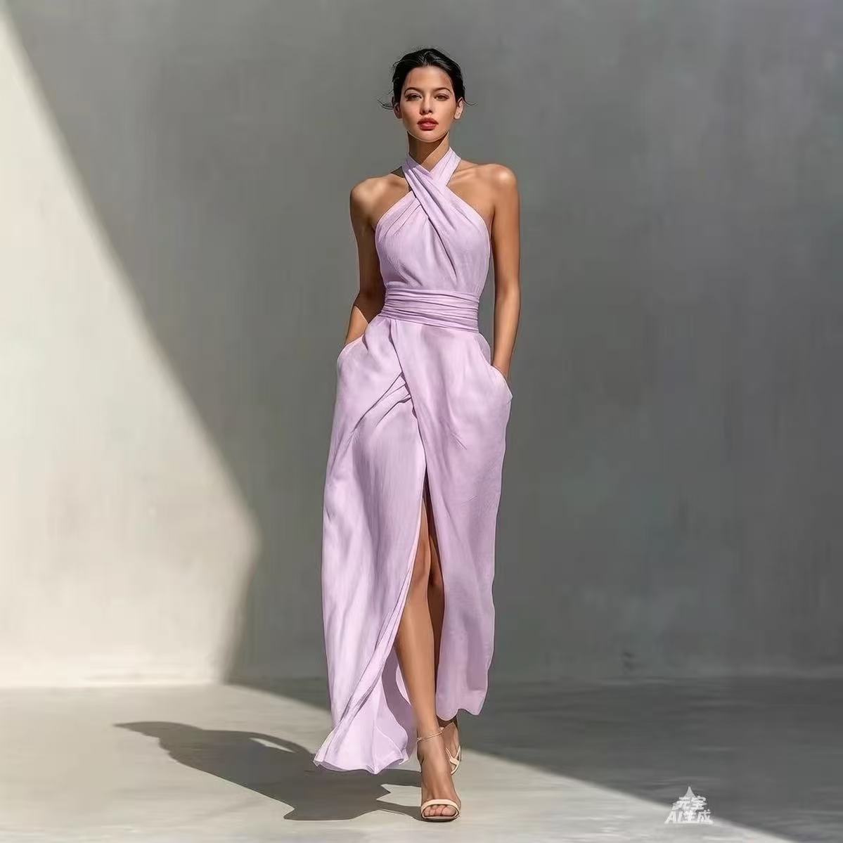 Chic Solid Front Split Boho Lo - Maxi Dress Halter 评论和价格