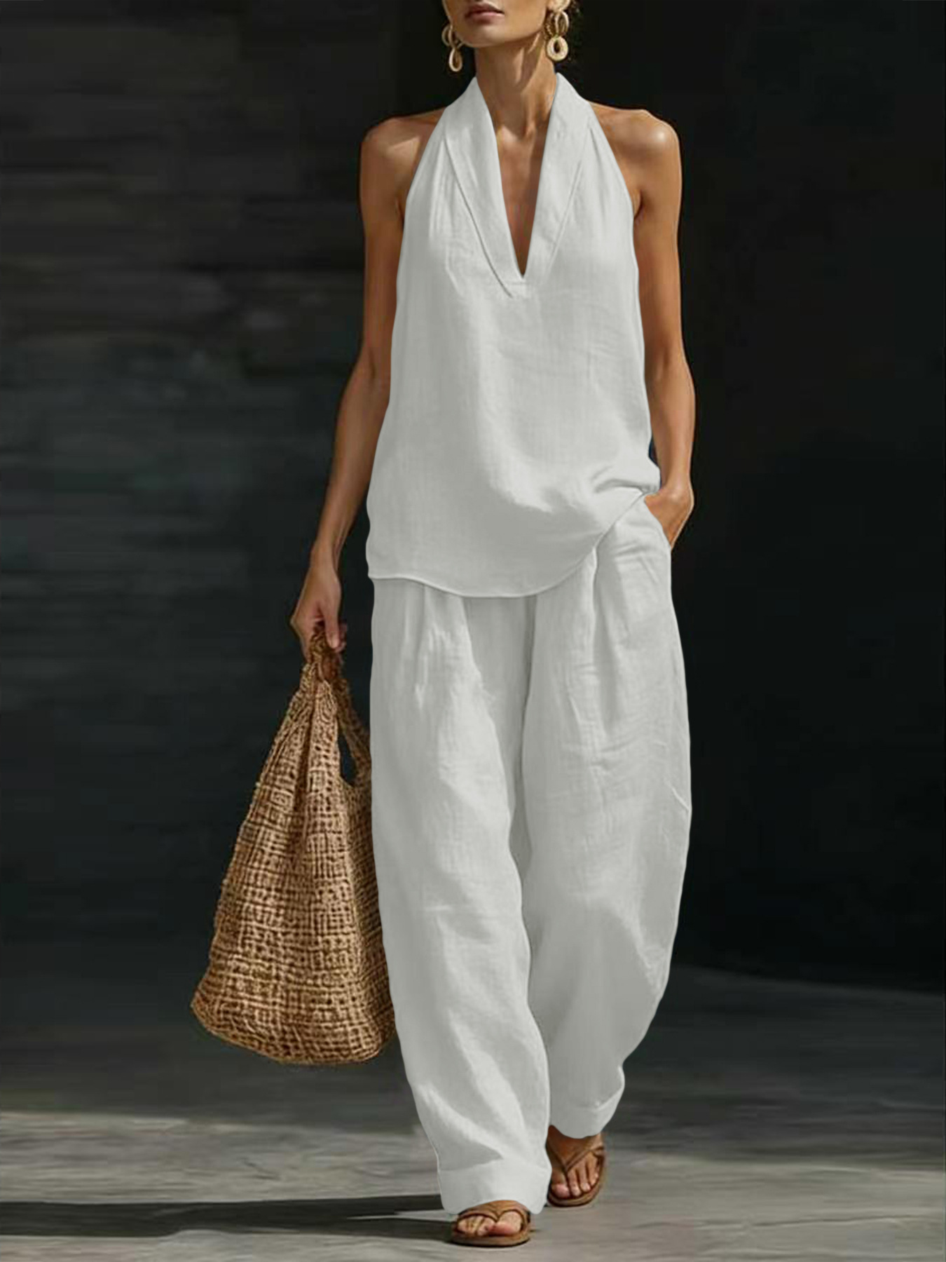 Women Linen 2 Piece Outfit Hal - Linen Pant Wide 评论和价格