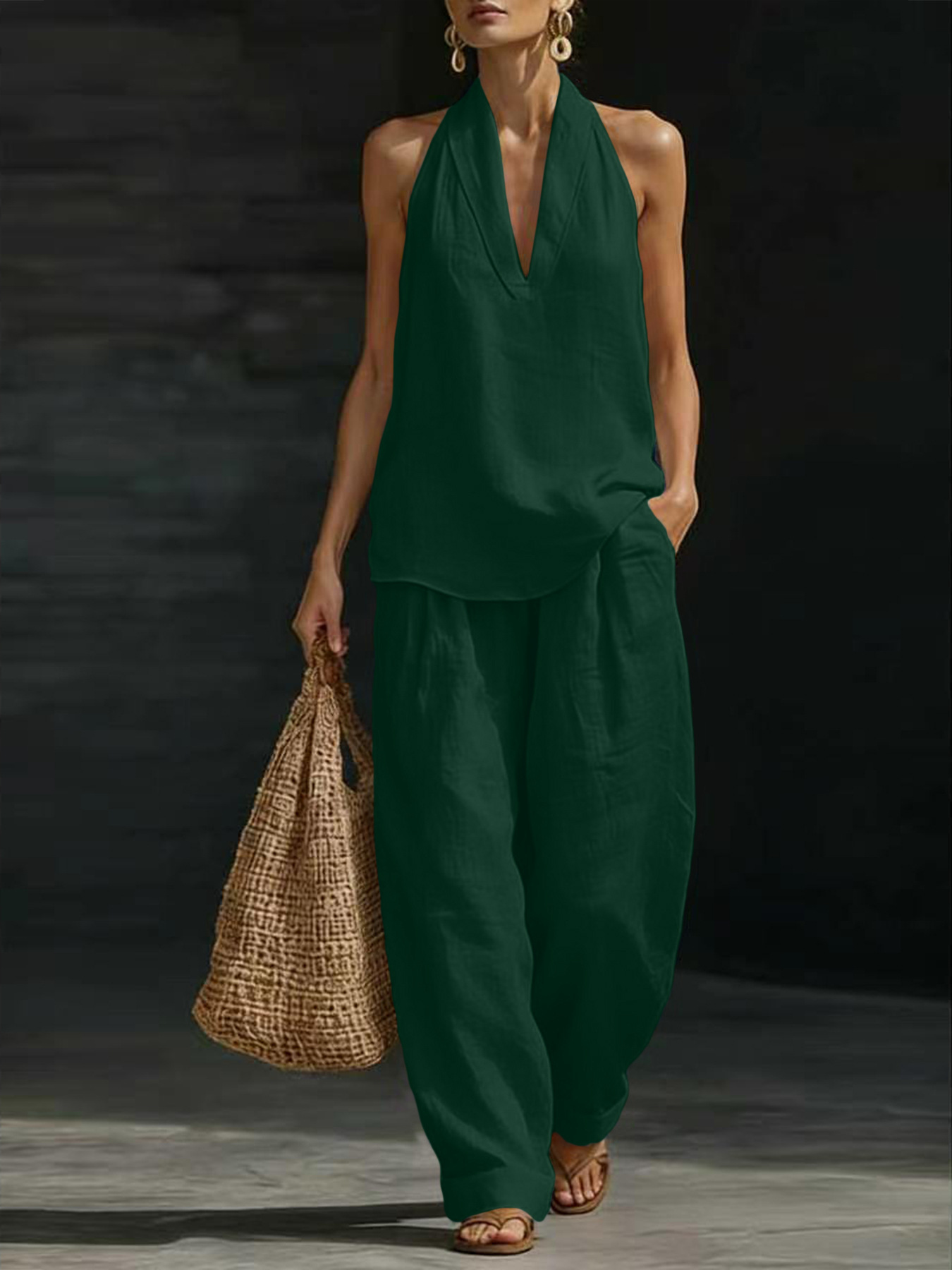 Women Linen 2 Piece Outfit Hal - Linen Pant Wide 评论和价格