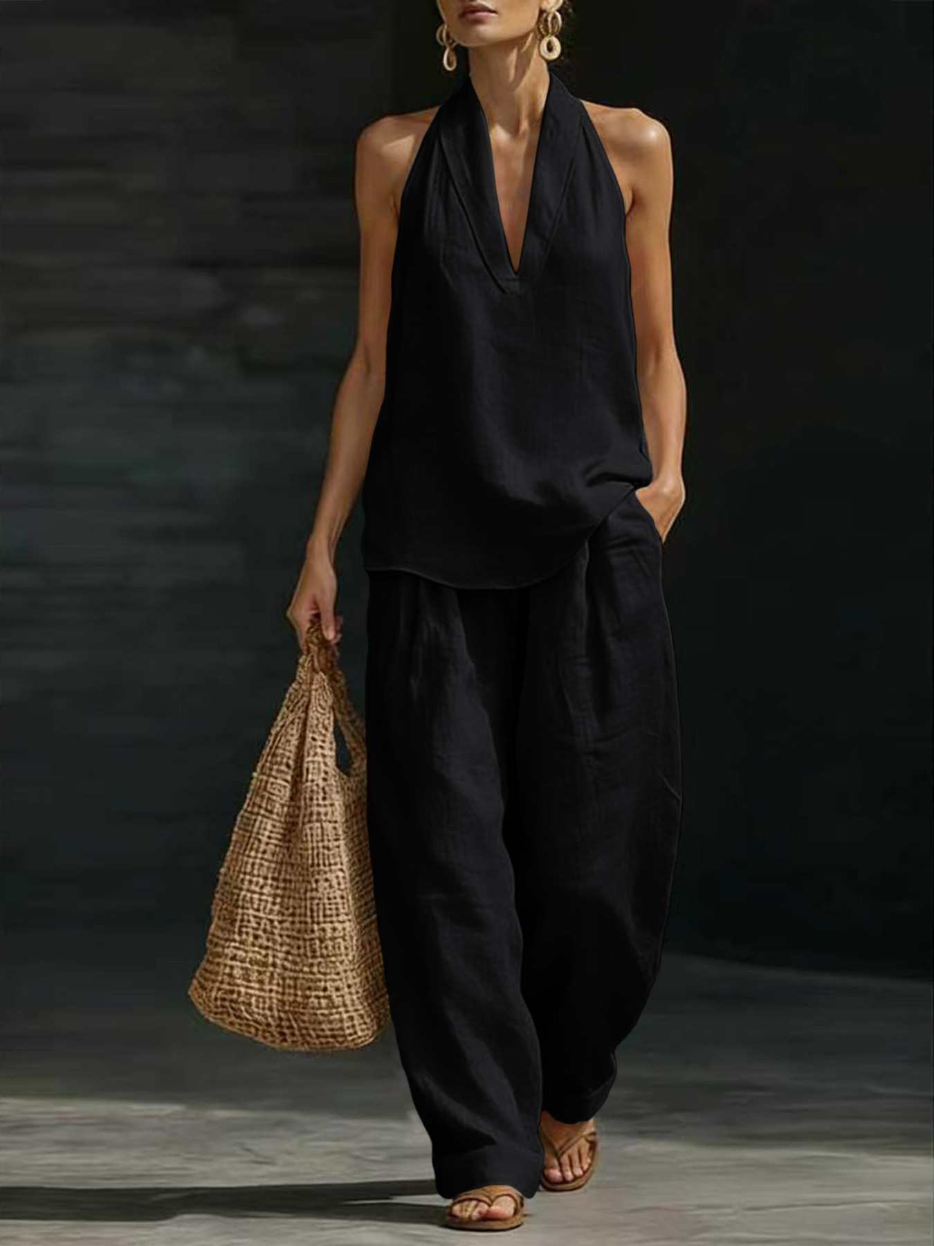 Women Linen 2 Piece Outfit Hal - Linen Pant Wide 评论和价格