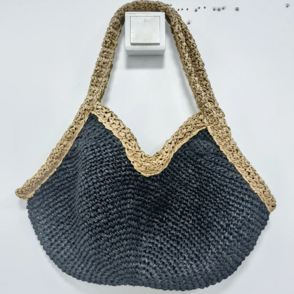 Colorblock Straw Woven Tote Ba - Crochet Bag Raffia 评论和价格