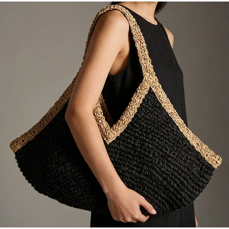 Colorblock Straw Woven Tote Ba - Crochet Bag Raffia 评论和价格