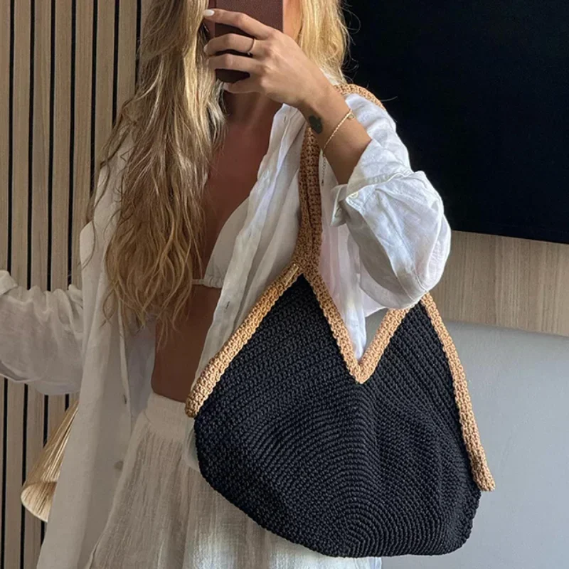 Colorblock Straw Woven Tote Ba - Crochet Bag Raffia 评论和价格